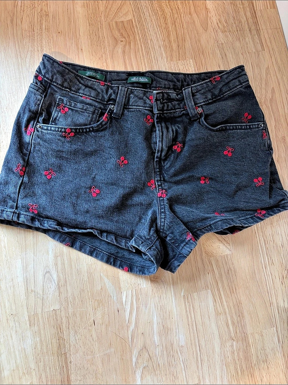 Wild Fable Cherry Embroidered Denim Shorts Floral Denim Shorts in Black & Red